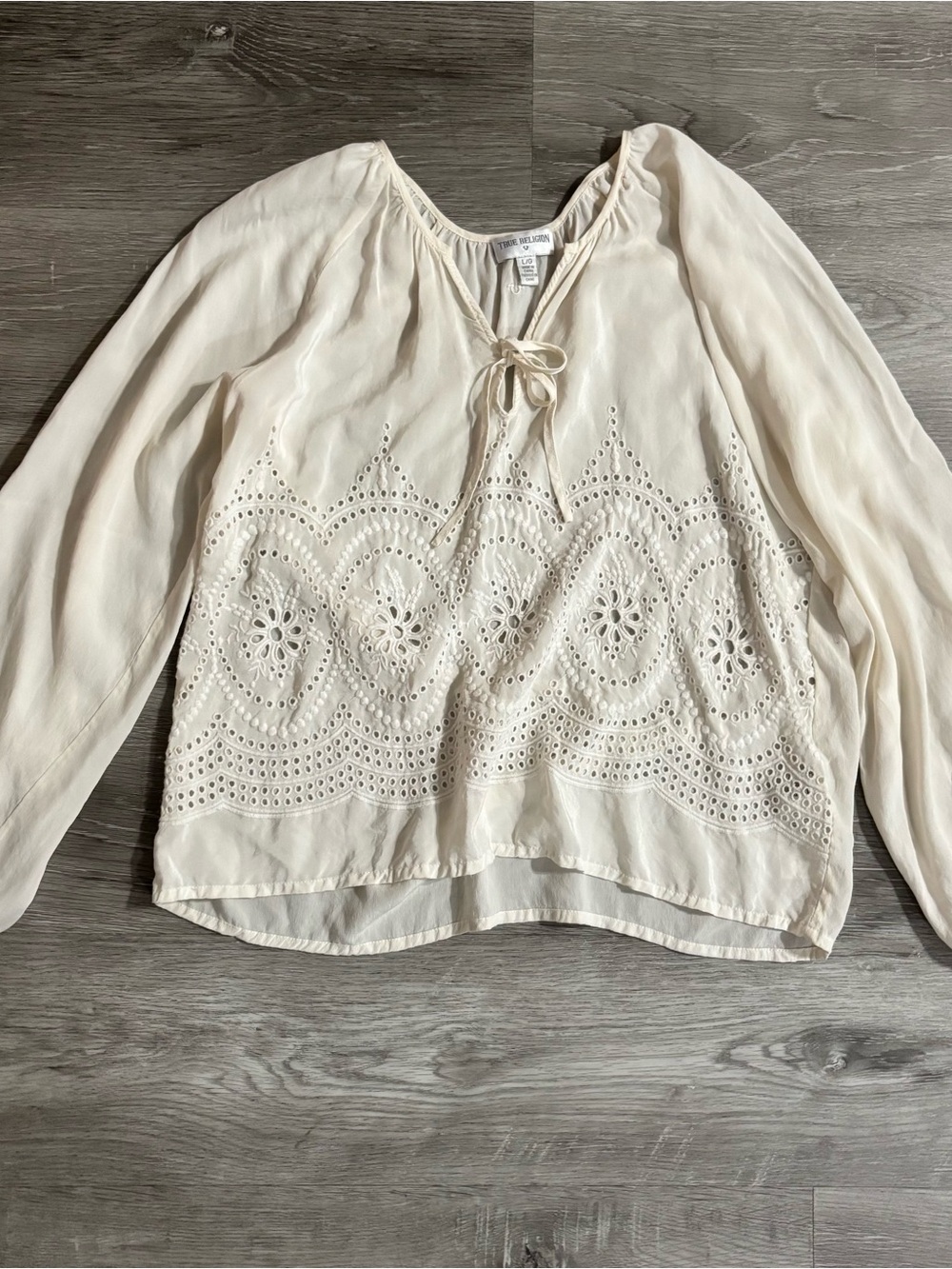 True Religion Eyelet Peasant Blouse Western Boho Size Large Silk